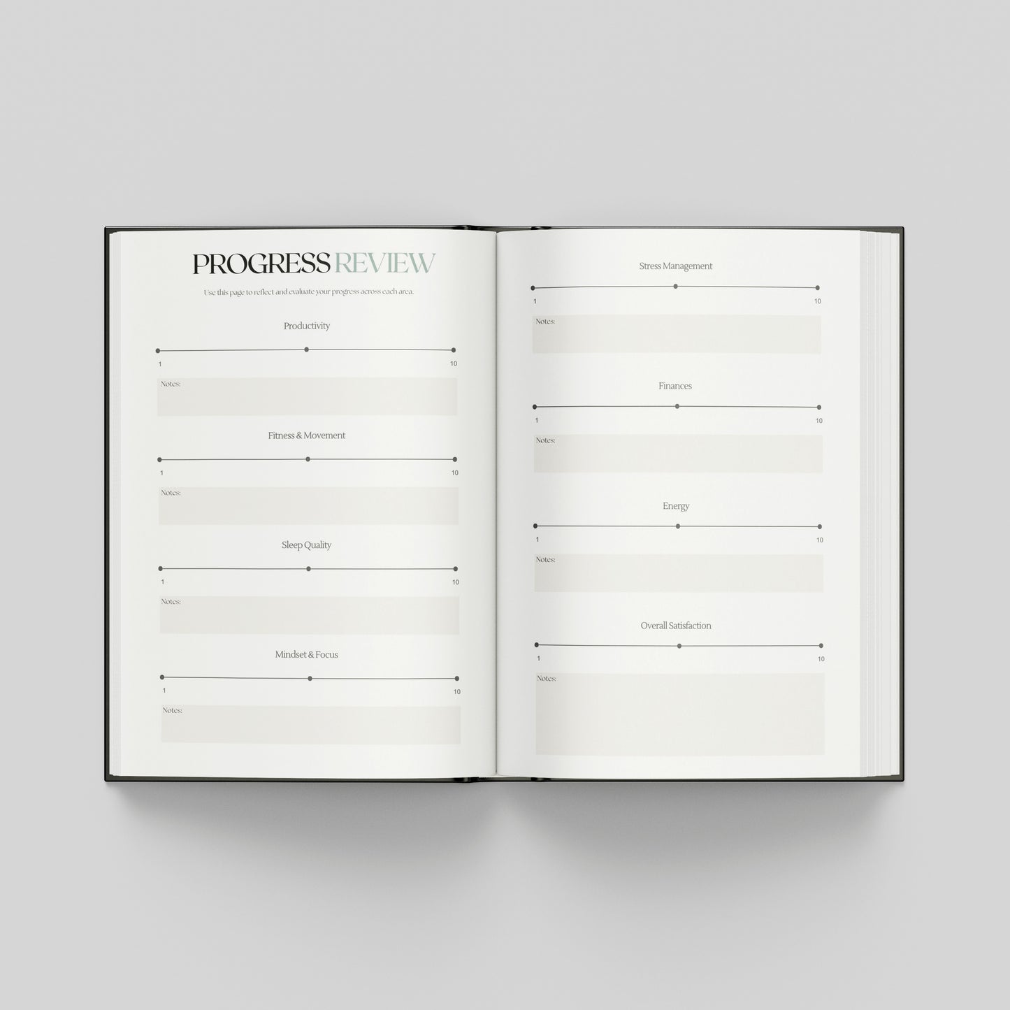 An open hardcover  planner spread on a light gray background, showing two white pages with printed review and progress-form fields under the heading 'PROGRESS REVIEW'.