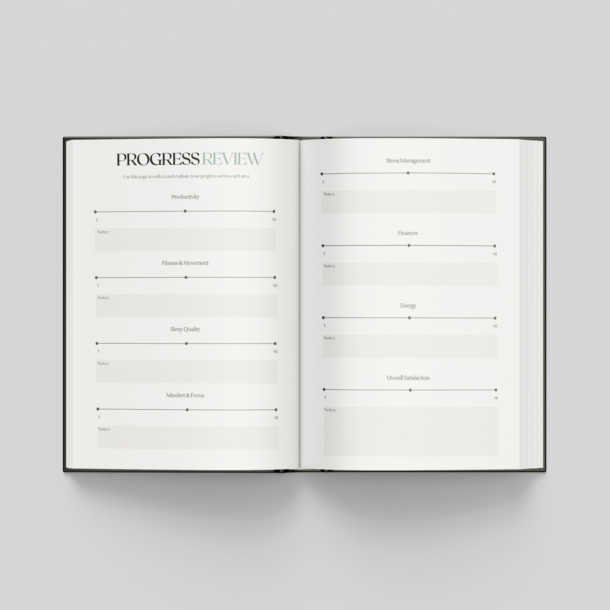 An open hardcover  planner spread on a light gray background, showing two white pages with printed review and progress-form fields under the heading 'PROGRESS REVIEW'.