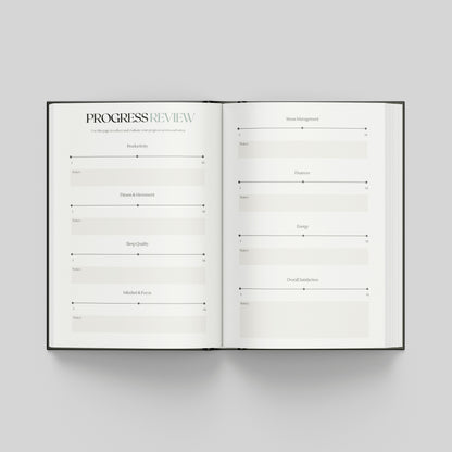 An open hardcover  planner spread on a light gray background, showing two white pages with printed review and progress-form fields under the heading 'PROGRESS REVIEW'.