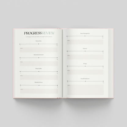 An open planner or notebook spread on a light grey background, showing two white pages with printed review sections to assess how far you've come.